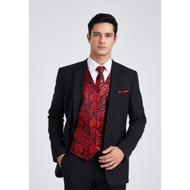 Enlision Waistcoats For Men Paisley Floral Jacquard Necktie Pocket Square Suit Vest Set for Wedding Party Business Red 2XL