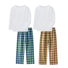 Boys Pyjamas 4-Piece Set Kids Clothes Stretch Ribbed Cotton Sleepwear Long Sleeve White Top Checkered Pants Nightwear 7 Years