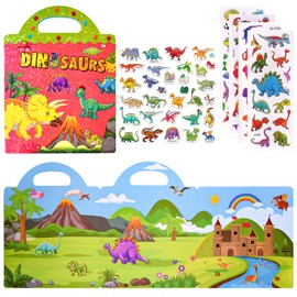 ASTARON Reusable Sticker Book for Toddlers, 88 Pcs Dinosaur Stickers Road Trip Activities Car Airplane Activities Travel Toys for Kids, Kids Quiet Time Activities (2-6 Age)