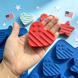 2 Pack 4th of July Silicone Molds for Baking, Large Independence Day Patriotic Chocolate Molds with American Flag Heart & Star Shapes, Silicone Chocolate Molds for Candy, Soap, Ice, Cupcake Toppers