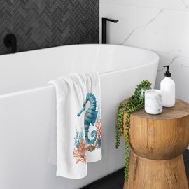 ALAZA - Juego de 2 toallas de baño 100% algodón, color aguamarina, caballito de mar, coral para baño, decoración de inauguración de la casa, regalos