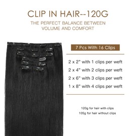Sunfly Clip in Human Hair Extensions 14 Inch Jet Black 100% Real Hair Extensions Clip ins 7 Pcs 120g Full Head Silk Straight