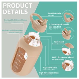 CIVAGO 32 oz Glass Water Bottle with Straw and Handle, Large Sports Motivational Water Bottle Flask with Time Marker and 2 Lids, Leakproof Water Jug Canteen with Silicone Sleeve for Gym,Smog Blue