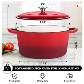TeamFar Enameled Cast Iron Dutch Oven, 7qt Dutch Oven Pot Nonstick Cookware with Lid & Dual Handles for Bread Baking, Cooking, Oven Safe up to 500℉ & Various Stovetops, Healthy & Heavy Duty - Red