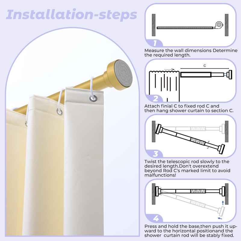 Spring Tension Shower Curtain Rod,18-49",Heavy Duty,No Drill,Gold
