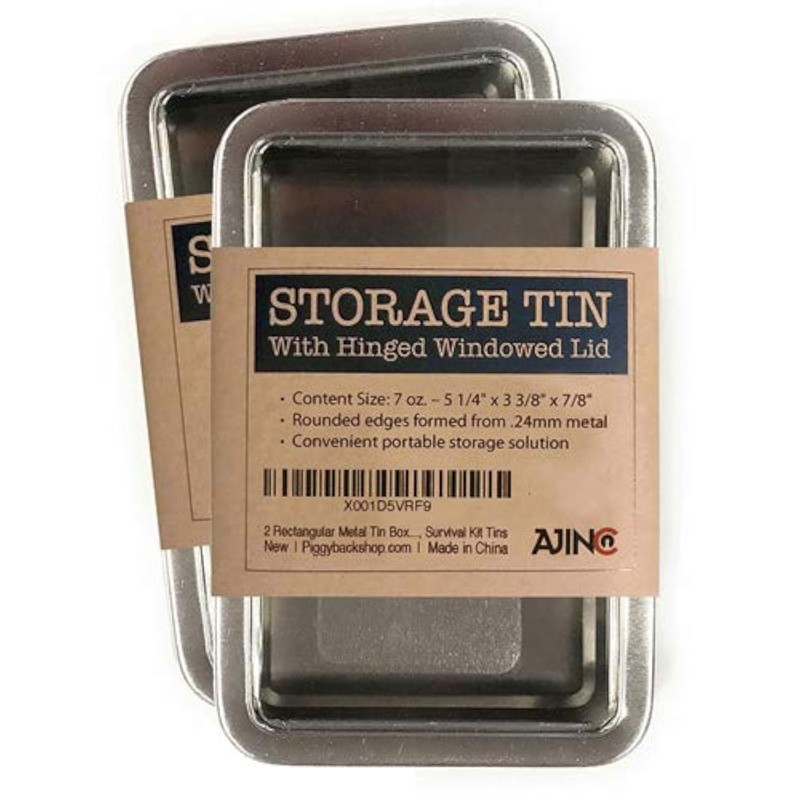 Rectangular Metal Storage Tin Box with Windowed Hinged Lid -