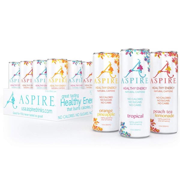 ASPIRE Healthy Energy Drink – Tropics Variety, 12 Pack – Zero Sugar, Calories or Carbs – Keto, Vegan, Kosher – Contains Natural Caffeine, Vitamins B & C - No Jitters or Crash – 12oz Cans