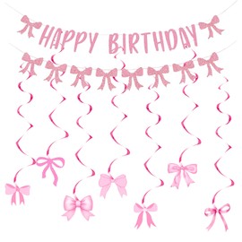 KASESSS Happy Birthday Garland, Pink Garland Birthday, Cute Birthday Garland, Pink Bow Happy Birthday Banner, Decorative Spirals, Bows Birthday Decoration Garland for Girls, Women
