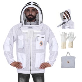 BP-301 Beekeeping Jacket with Veil, 3-Layer Ultra Ventilated Suit for Full Protection, Safety Fencing, YKK Zippers, and Carrying Bag (White Fencing Veil, Medium)