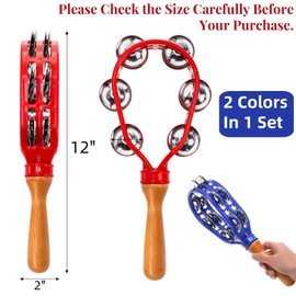 Eorbow 2 Pack 12" Tambourine for Adults, Double Row Metal Jingles Hand Held Tambourine, Plastic Wooden Hand Percussion Instrument, Musical Bells for School Party Church Concerts