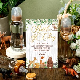 TrelaCo Woodland Animal Cool Baby Shower Games Bottle Chug Sign Wooden Woodland Baby Gift Sets Gender Reveal Party Favors and 12 Pcs Baby Bottle Shower Favor Baby Bottles for Gender Reveal
