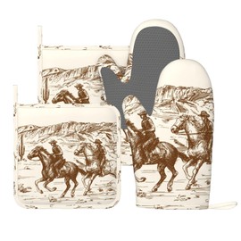 Cool Desert Cowboy Western Oven Mitts and Pot Holders Sets, 4pcs Silicone Non-Slip Kitchen Mitts Potholders Heat Resistant BBQ Gloves Hot Pads for Cooking Grilling Baking Microwave Chef Gifts Decor