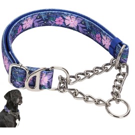 Martingale Dog Collar with Steel Chain, Reflective Choke Collar with Soft Padded- Adjustable No Pull with Bohemia Flower for Training Large Dogs Pet Collars for Walking（XXL