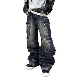 DFGIGT Mens Goth Baggy Cargo Jeans with Pockets Steampunk Patchwork Embroidery Wide Leg Denim Pants Jinco Punk Casual Fashion Cargo Pants Y2k Gothic Relaxed Loose Oversized,F10 Blue,X-Small