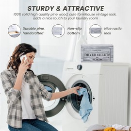 Rustic Dryer Sheet Holder with Lid - Cute Farmhouse Dryer Sheet Dispenser Laundry Room Decor Accessories,Fabric Softener Dispenser Dryer Sheet Container for Laundry Organization Storage,Grey-N