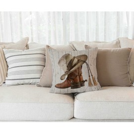 Solekla Western Cowboy Boots Throw Pillow Cover American Country Farm House Rustic Grey Wooden Decorative Pillow Case Cotton Linen Cushion Cover Decor 18x18 Inch Pillowcase for Home