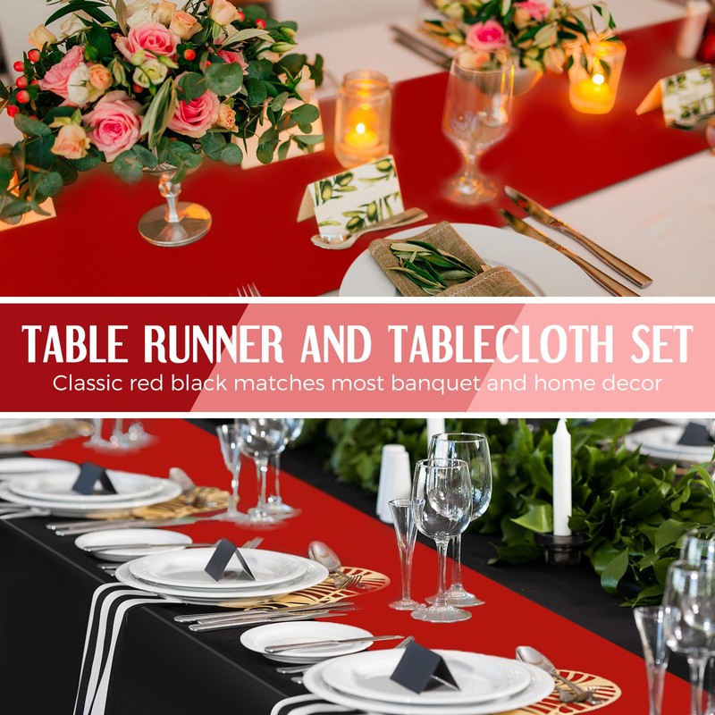 Tudomro 12 Pcs Black and Red Disposable Plastic Tablecloths and