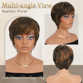 RUWISS Pixie Cut Wig Human Hair – Short Wigs for Black Women with Bangs, Natural Layered Wavy Wig, Glueless, 1B/30#