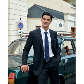 HISDERN Plaid Blue Tie Handkerchief Woven Classic Men's Necktie & Pocket Square Set,Navy Blue,One Size