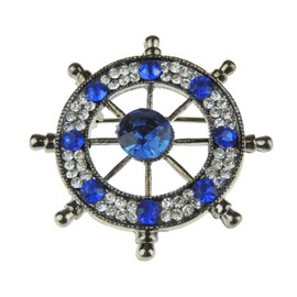Mens Womens Vintage Look Crystal Rhinestone Diamante Wedding Christmas Birthday Fashion Badge Scarf Dress Lapel Brooch Pin Small Gift Boxed Sail Boat Wheel Naval Maritime Boat Lover Wheel Blue
