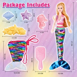 BYCICI Mermaid Doll with Mermaid Purse| Brown Hair Princess Doll Playset with for Summer Water | Crossbody Mermaid Tail Coin Purse for Girls 4-7 | Mermaid Party Favors Birthday Christmas