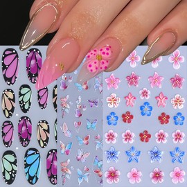 5D Embossed Colorful Butterfly Nail Stickers Floral Nail Decals Self-Adhesive Blossom Floral Butterfly Wings Nail Sticker Peach Blossom Nail Supplies Nail Decoration for Women Girls DIY Manicure 3Pcs