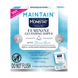 Monistat Maintain Boric Acid Feminine Wipes, Fragrance-Free, Non-Irritating and pH-Balanced Wipes for Women, Individually Wrapped Feminine Care, 12 Count