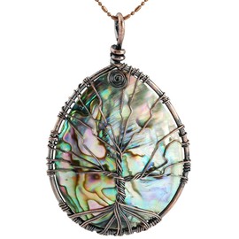 mookaitedecor Abalone Paua Shell Jewellery Necklace Tree of Life Pendant Necklace, Reiki Chakra Healing Crystal Necklace Gift Fancy Colourful Boho Necklace Women Oval Water Drop Wire Wrapped Pendant