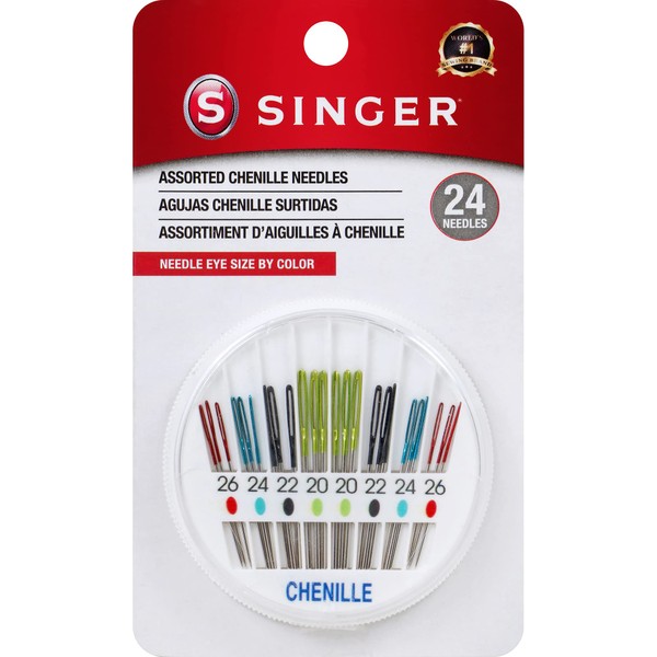 SINGER Chenille Needles in Dial Compact, Assorted Sized Sewing Needles, Sizes 20, 22, 24, 26, (Set of 24)