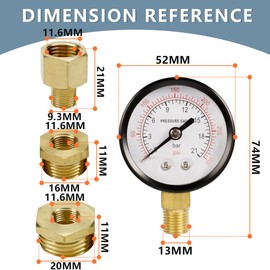 Innfeeltech 1-Pcs 50 mm Well Pump Pressure Gauge BSP 1/4 Inch 0-21 Bar 0 ~ 300 Psi with 2 Pieces Socket 1/4 Inch to 3/8 Inch, 1/4 Inch to 1/2 Inch and 1 Piece Hex Nipple Reducing 1/4 Inch to 1/8 Inch,