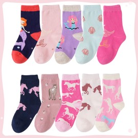 CHUNG Toddler Little Girls Crew Socks Cotton Novelty Sports Casual Daily Fun Cute Animal Pupil Students School Back, 10 Pack, Mermaid, 9-12Y