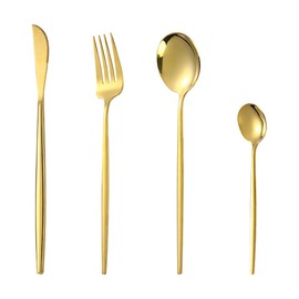 4 Piece Home Tableware Set, Stainless Steel Knife Fork Spoon, Cutlery Set, Great for Family Gatherings & Daily Use (Gold)