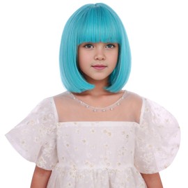 Edivd Girls Teal Blue Bob Wig Short Blue Green Straight Wig for Kids Child Green Bob Wig with Bangs Heat Resistant Synthetic Wig with Wig Cap