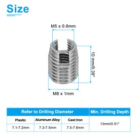 PATIKIL Self-Tapping Threaded Inserts, 20 Pcs M5 x M8 x 10mm 303 Stainless Steel Thread Adapter Reducer Slotted Screw Repair Inserts Nuts Sleeve