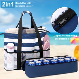JIANYA Beach Bag Women Waterproof Sandproof Beach Tote Bags with Cooler Top Zipper Large Totes for Beach Pool Travel Daily