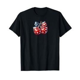 USA Flag Bow Cute Cherries Stars Stripes 4th July T-Shirt