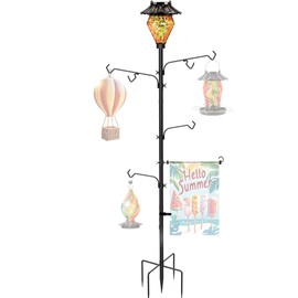 LUJII 6.8FT Solar Shepherds Hooks for Outdoors, Decorative RGB Lights, Heavy Duty Hummingbird Feeder, Bird Feeder, Wind Chime Stand with 4 Hangers and 1 Garden Flag Hook (Red)