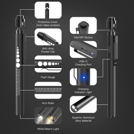 COSOOS 2 Rechargeable Pen Lights with Pupil Gauge & Ruler, Mini LED Penlights for Nurses Doctor, Warm/White Light with Clip, USB-C Rechargeable Penlight Flashlight Gift for Nursing Student