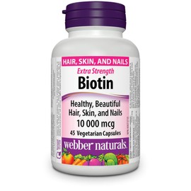 Webber Naturals Biotin 10,000 mcg Extra Strength, 45 Capsules, Supports Healthy Hair, Skin & Nails, Energy Metabolism, Vegan