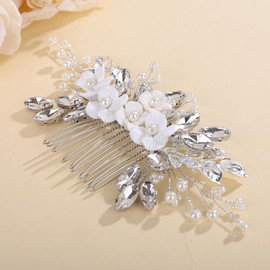 Teyglen Floral Flower Rhinestone Wedding Hair Comb Boho Silver Leaf Crystal Headpiece Bridal Crystal Side Comb Flower Hair Accessories for Women Bridesmaid(Silver)