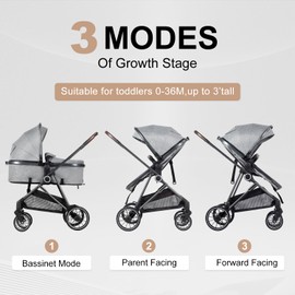 2-in-1 Baby Stroller with Bassinet Mode - Folding Infant Newborn Pram with Reversible Seat - for 0-36 Months Toddler