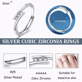 Sfoni Sterling Silver Rings for Women Silver Cubic Zirconia Engagement Rings for Her Adjustable Promise Wedding Ring for Women Resizable Romantic Finger Diamond Ring for Ladies Girls with Box