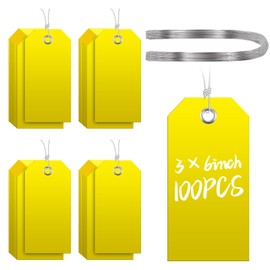 COIHAF 100 Pcs Large Plastic Shipping Tags with Wire Attached Heavy Duty Blank Waterproof Tags with String for Inventory Outdoor Labeling Equipment 6 1/4" x 3 1/8" (Yellow)