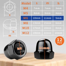 SWTYExt Acorn Nuts M6 Stainless Steel Pack of 12 Acorn Nuts DIN 1587 High Shape High Quality A2 V2A Cap Nuts Black Screw Caps Hex Cap Nuts for Screws Nut Threaded Rod Threaded Bolts