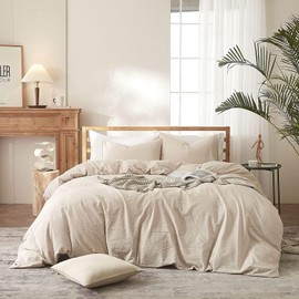 Lanqinglv Bed Linen Set, 100% Cotton, Beige, Plain, Renforce Duvet Cover with Zip, 155 cm x 220 cm, and 1 Pillowcase, 80 x 80 cm