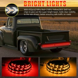 48 Inch Arrow LED Tailgate Light Bar Strip for Pickup Truck, Flowing Amber Sequential Turn Signal Light, RED Strobe Flashing Warning Brake Light Kit