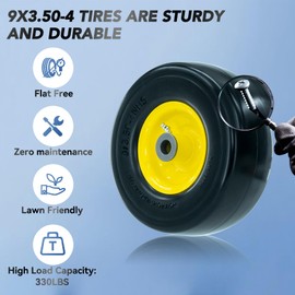 9x3.50-4 Flat-Free Lawn Mower Tire, Heavy-Duty PU Solid Tires with 3.5”-4” Centered Hub, 3/4” and 5/8” Axle Bore, 9" Solid Rubber Tire for Zero-Turn Mowers, Garden Carts, (Yellow, 2pcs)
