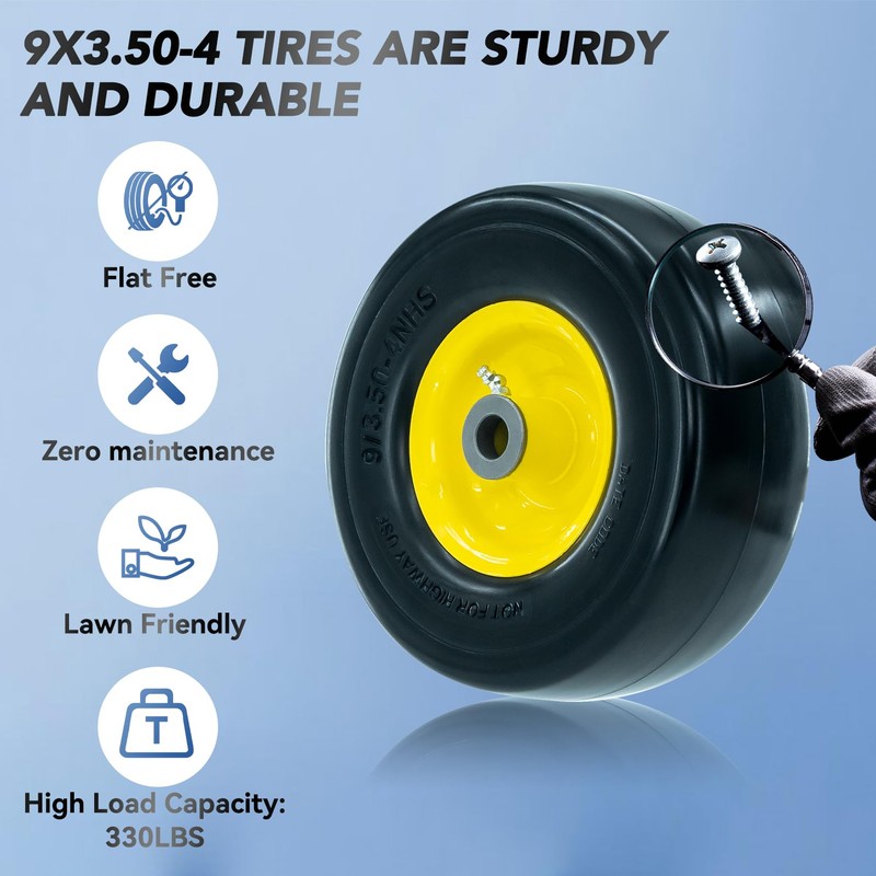 9x3.50-4 Flat-Free Lawn Mower Tire, Heavy-Duty PU Solid Tires with