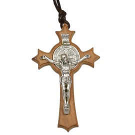 Crucifix Necklace – Saint Benedict Cross with Benediktusme Daille on a String – Benedict Cross Olive Wood Body and Medal NEW Silver 7 cm