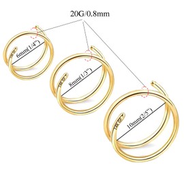 FLOGWE 14k Gold Filled 20G Thin Double Hoop Nose Ring for Single Piercing D-Shape Nose Piercings Hoop 20 Gauge Tiny Nose Ring Diameter 6mm 8mm 10mm Spiral Nose Jewelry for Women Men, Metal, no gemstone
